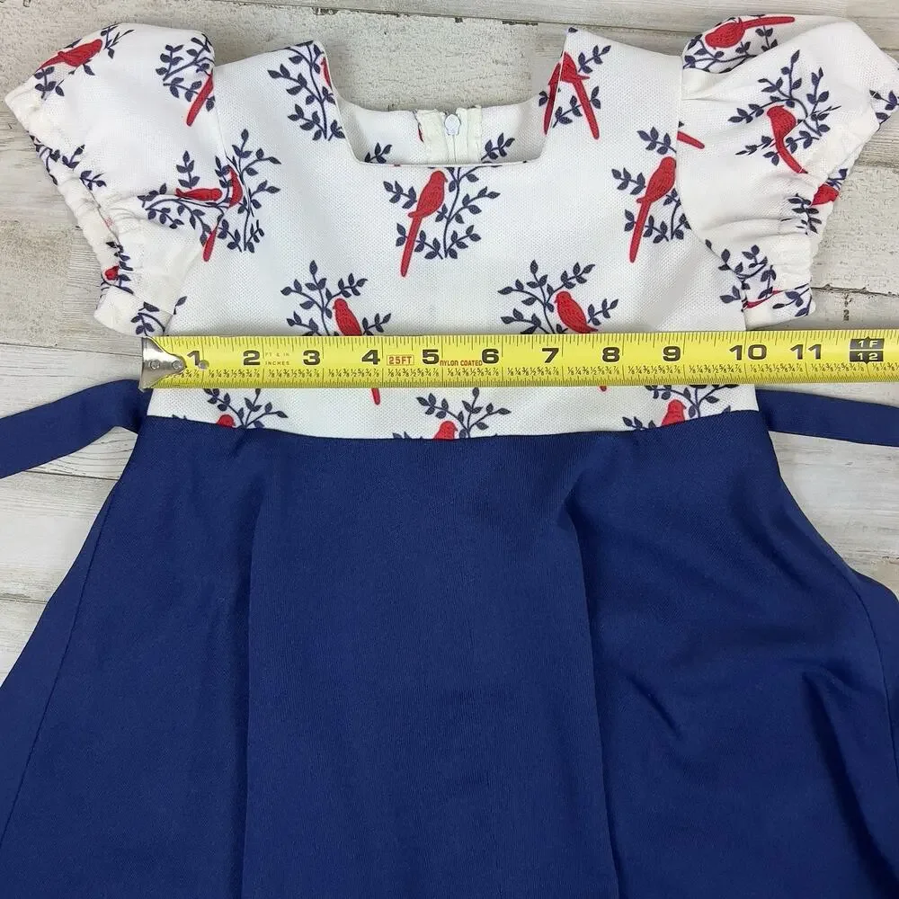 Vintage Handmade Girls Navy Coat & Bird‑Print Dress Set